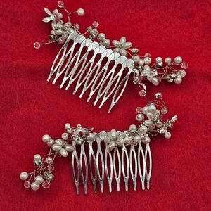 Set Of 2 Pearl Hair Combs Silver Bridal Wedding Prom Formal Beaded Accessories